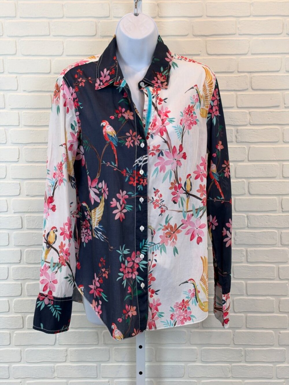 Sundance Button-Up Shirt Bird Floral Color Block Cotton Navy White M